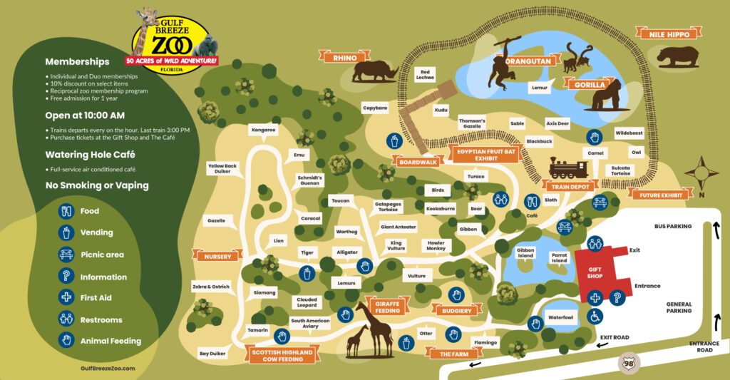 A map, including the Gulf Breeze Zoo's various attractions and tours, for the most fun experience possible.