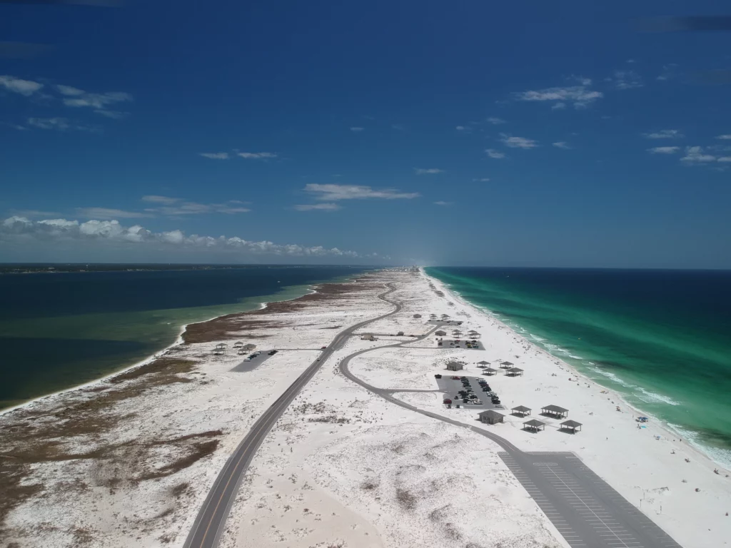 The expanse of the Gulf Island National Seashore, a prime location for families to visit when looking for fin activities, like snorkeling and taking boat tours.