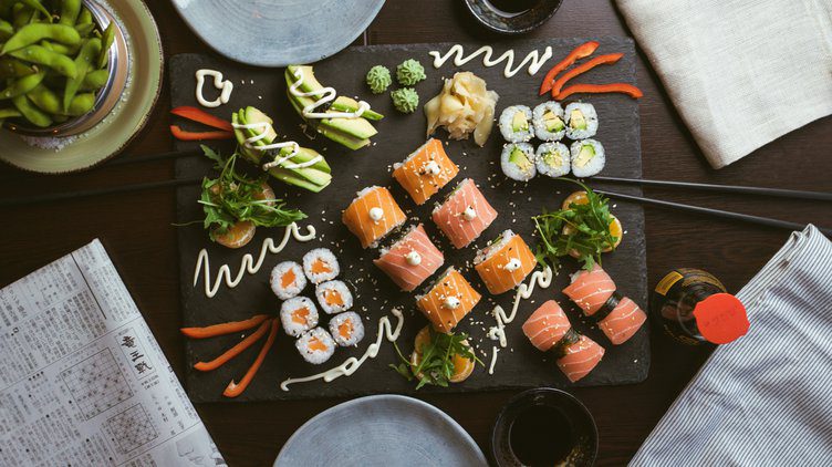 A colorful and mouthwatering platter of different kinds of sushi