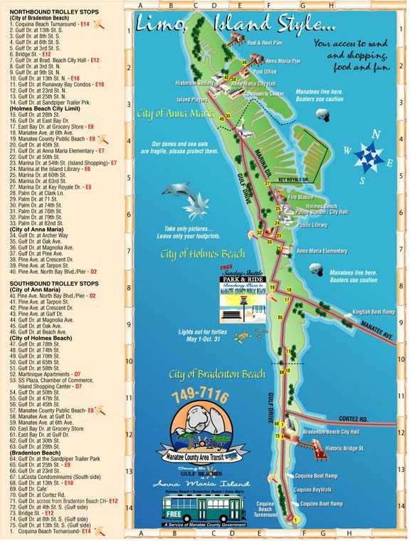 A detailed map of the Anna Maria Island Transportation route, from the Anna Maria Island Pier till Coquina Beach, including all its stops