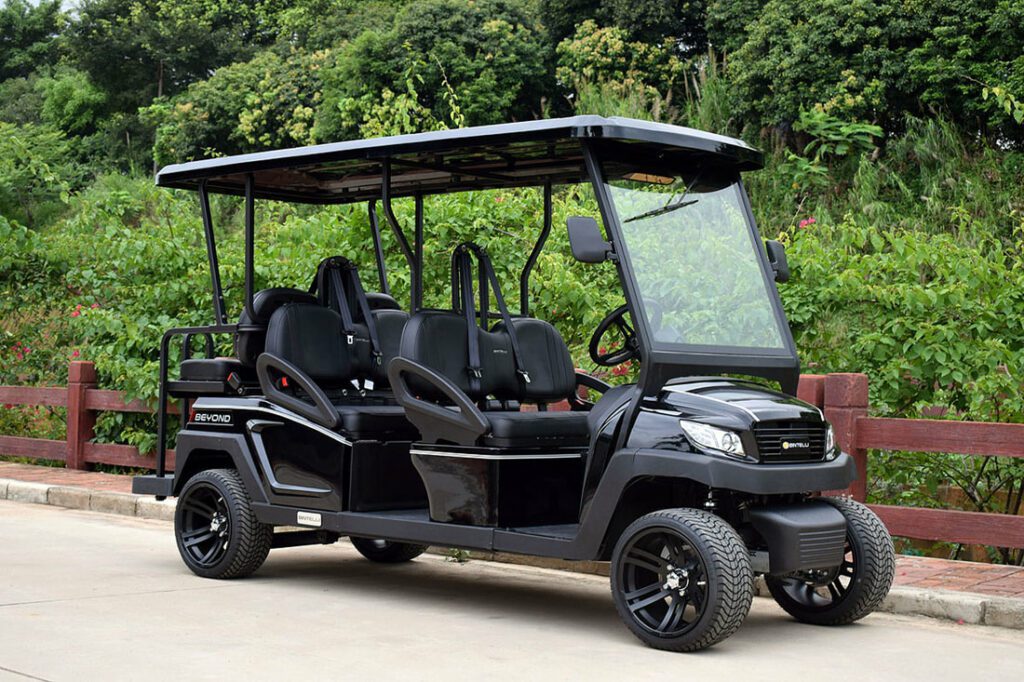 A 6 seat golf cart by AMI Golf Cart Rentals. A quick and easy way of transportation