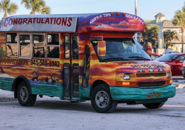 The renowned Monkey Bus, one of the best transportation methods you'll encounter on Anna Maria Island