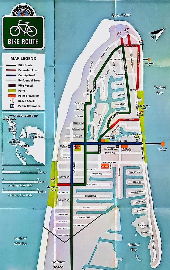 A detailed bike trail map on Anna Maria Island