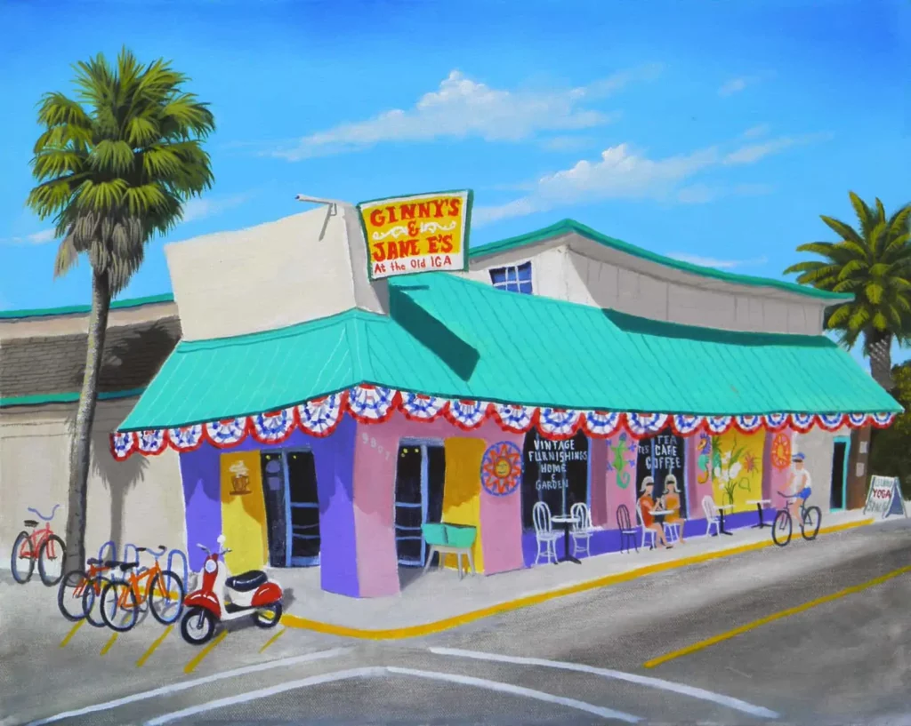 A painting of Ginny and Jane E's café and gift store, located on Anna Maria Island - the perfect spot for couples to enjoy their breakfast