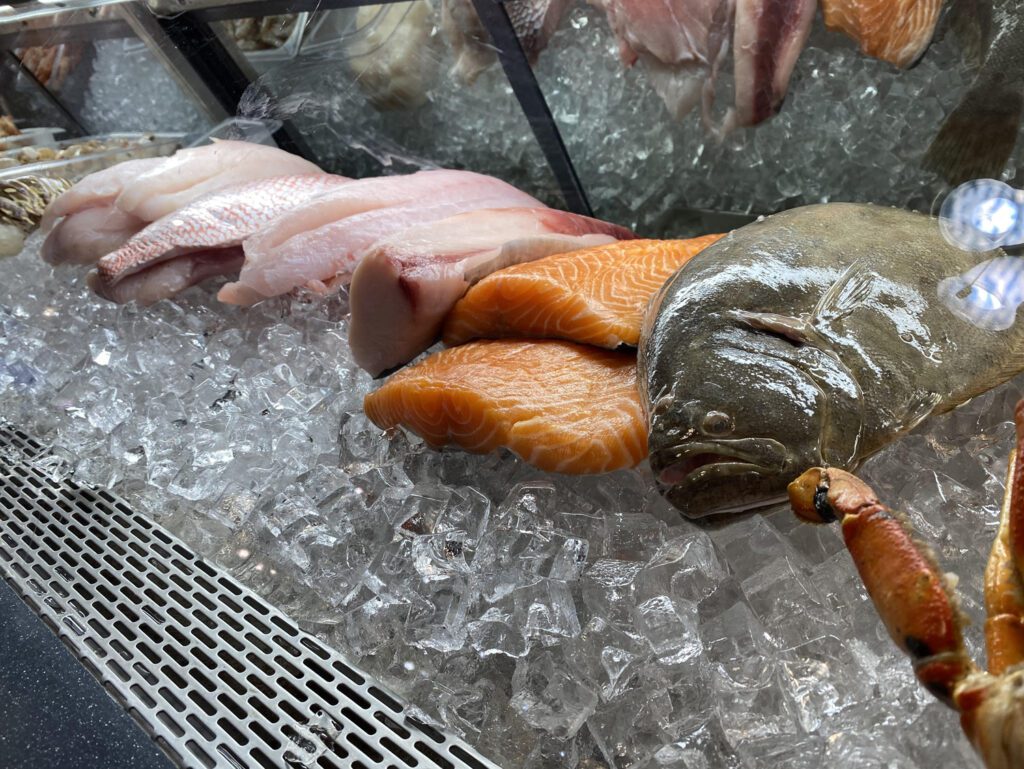 A wide selection of Salmon, Snapper, Grouper, and many other fish, on display at Where Y'at Seafood Market and Restaurant.