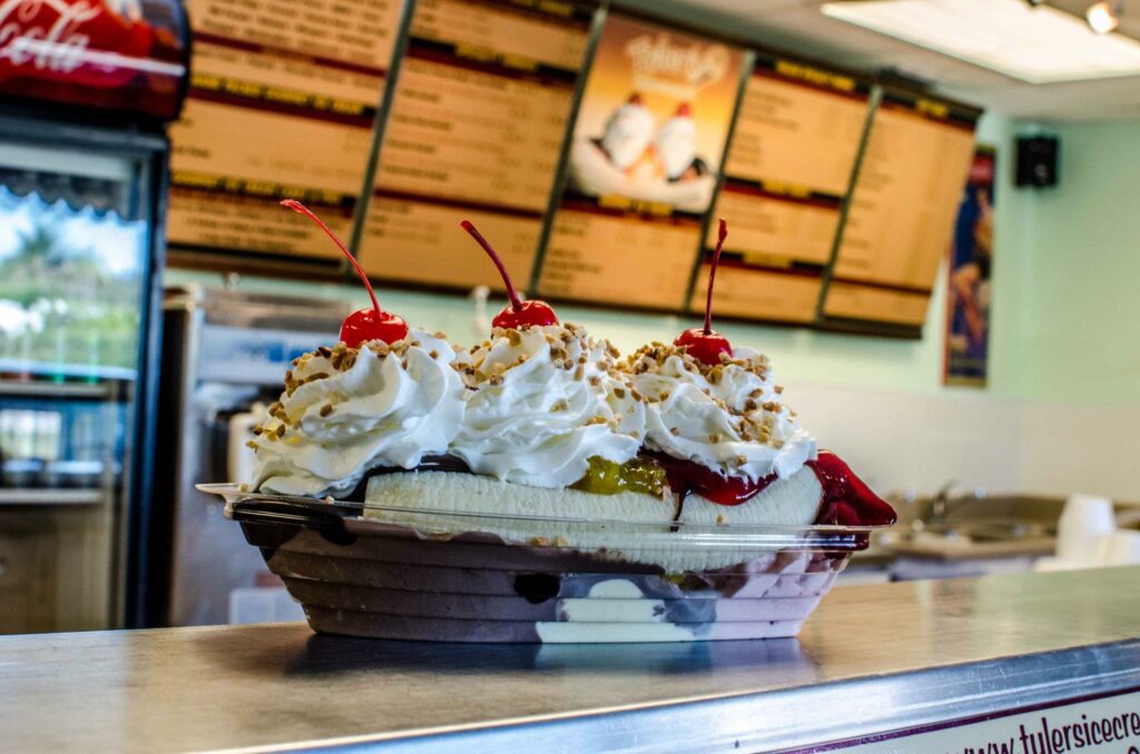 A banana split ice cream, perfectly crafted at Tyler's Homemade Ice Cream, in Cortez Village.